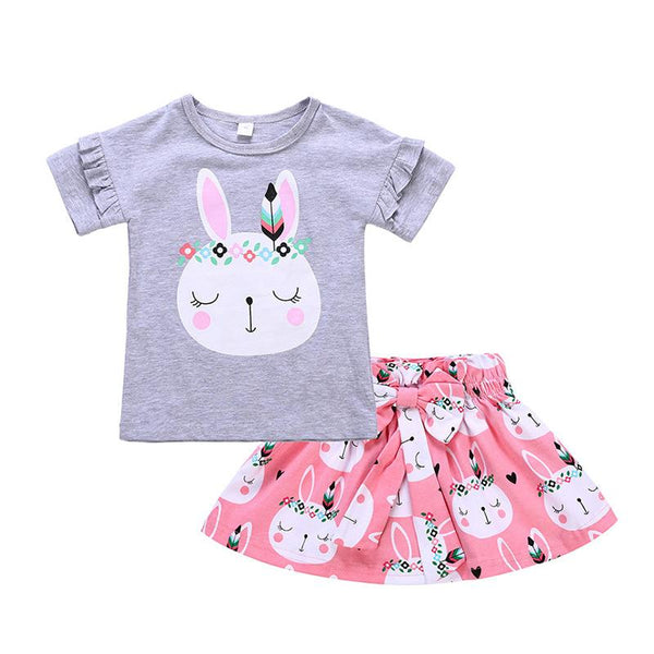 2pcs Children Clothing Set Girl Kids T Shirts Designs Lovely Cartoon Rabbit Pattern Print Pink Skirt Cotton T-Shirts