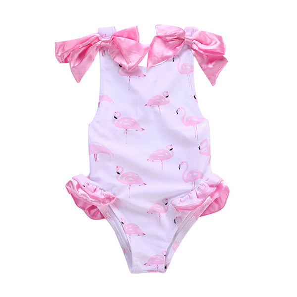 Children Cute Pink Bowknot Decoration Flamingo Printed Girls Romper Design Short Little Girl Swimsuit