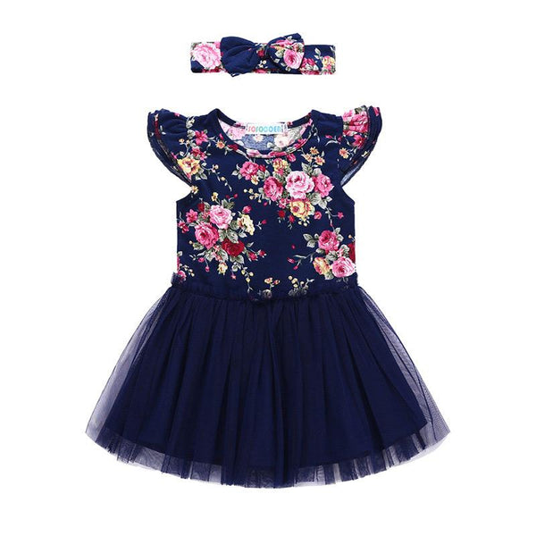 Girl Kids Cloth Set Fly Sleeves Flower Printed Net One Piece Princess Dress Design Mini Skirt With Hair Band