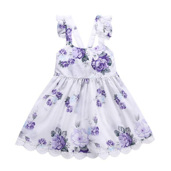 Artistic Kids Purple Flower Pattern Print Lace Loose Princess Dress Design Suspender Girls Skirt