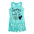 Kids New Arrival Little Girls Letters Print Blue Sleeveless Tassel Long Loose Cotton Dress