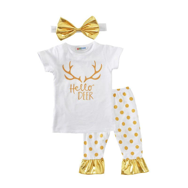3pcs Children Girl Clothing Set Dots Baby Pants And Antler Pattern Printed T-Shirts With Bowknot Hair Band