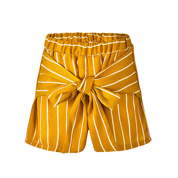 Fashion Adjustable Elastic Belt Yellow Stripes Bowknot Lace-up High Waisted Casual Sweat Beach Shorts