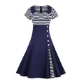 New Simple Fashion High Waist Sexy Women's Split Button Design Cotton Stripe Knee Length Dress