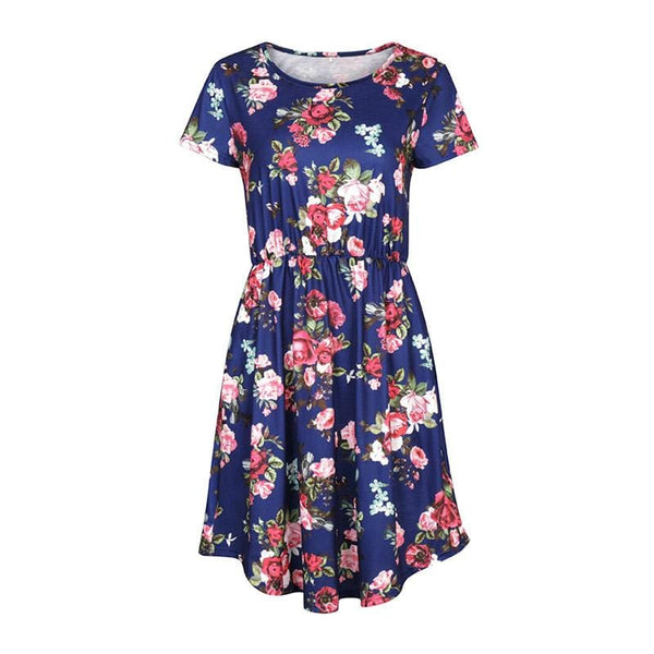 Round Neck Short Sleeve Elastic Waist Ladies Simple Fashion Dress Design  Floral Print Vintage Dress