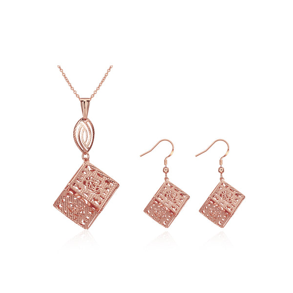 New Design Rose Gold/Gold Color Copper Hollow Square Pendant Necklace Earrings Women Wedding Jewelry Set