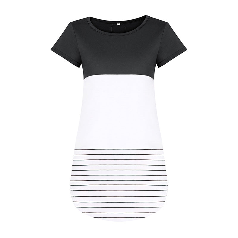 New Arrival Simple Fashion Round Neck Short Sleeves Back Lace Stitched Stripes Ladies Long Tops Tees