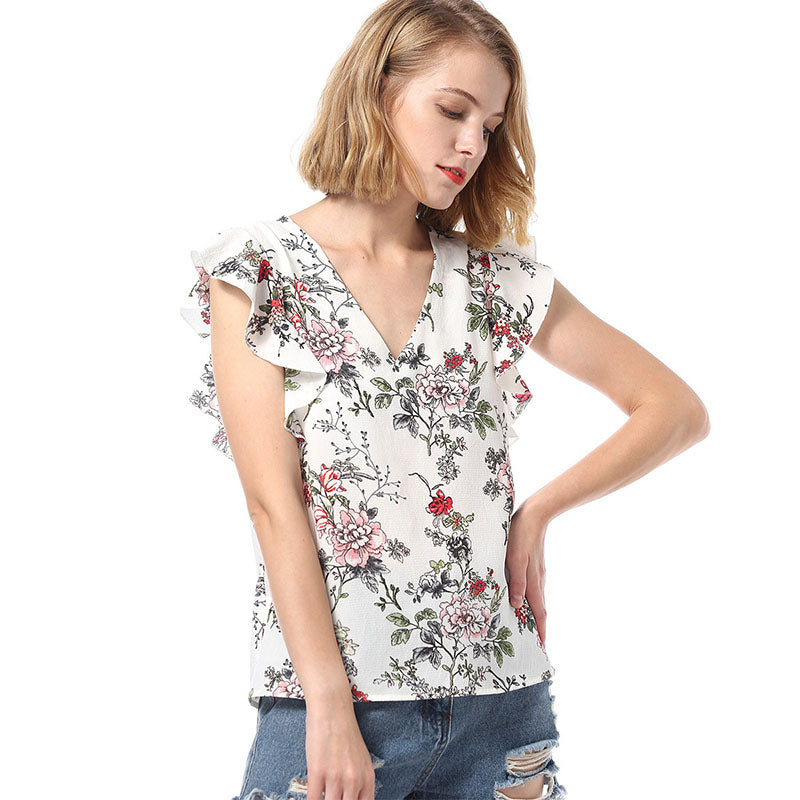 Hot Sale Fashion Falbala Sleeveless V-Neck Office Lady Style Slim Floral Printed Chiffon Tops