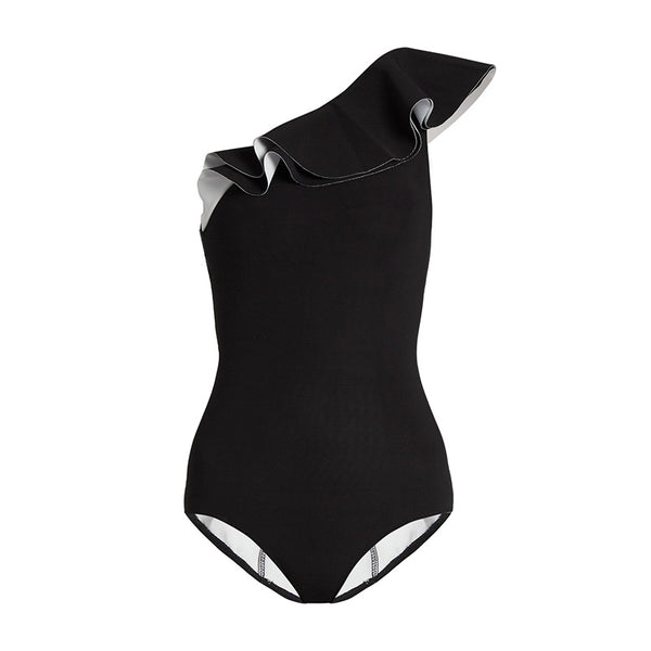 Hot Sale Fashion One-shoulder Bevelled Falbala Black Briefs Style Tight One Piece Swimwear Tankini Swimsuit