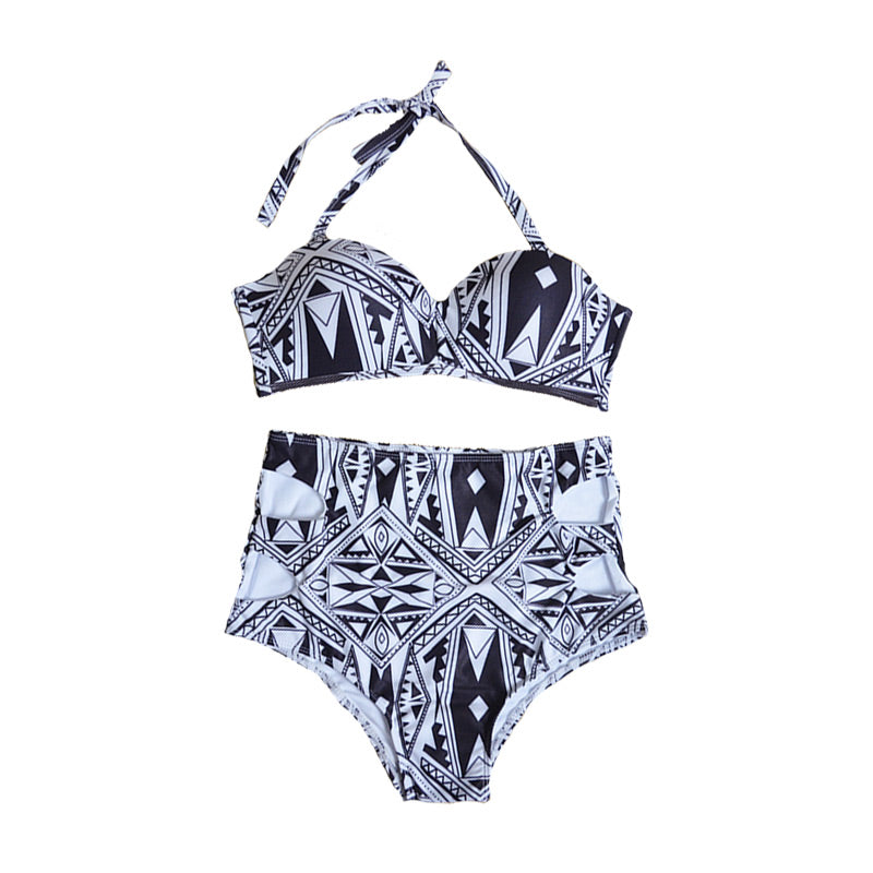 Hang Neck Lace-up Black White Scrawl Screen Printing Swimwear Women Sexy Bikini Design Bra Cups For Swimwear