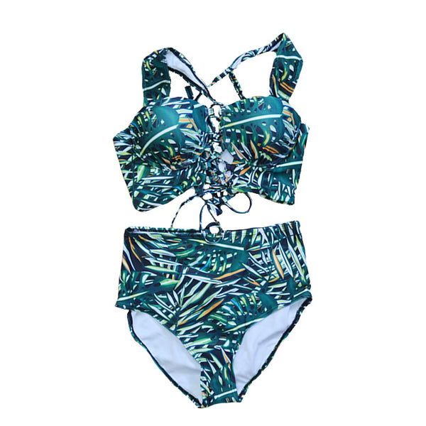 Fashion Sexy Adjustable Lace-up Green Bamboo Leaf Print Women Sexy  Custom Printing Swimwear Design Tankini Swimsuits
