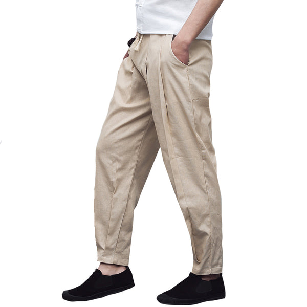 New Arrived Solid Color Large Size Loose Harem Linen Lace Up Mens Casual Pants