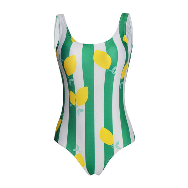 Fashion Big Round Neck Lemon Green Color Stripes Tank Swimwear One Piece For Women Design Sport Swimwear