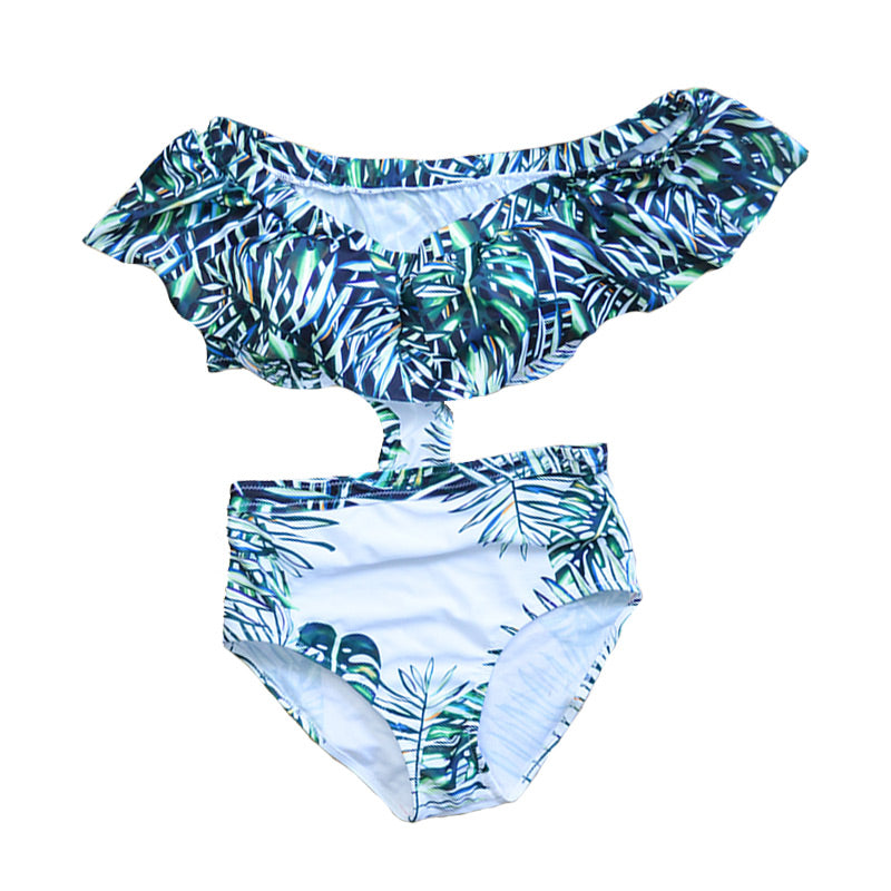 New Arrival Fashion Tight One Piece Off Shoulder Green Leaf Pattern Ladies Sexy Swimwear Beachwear