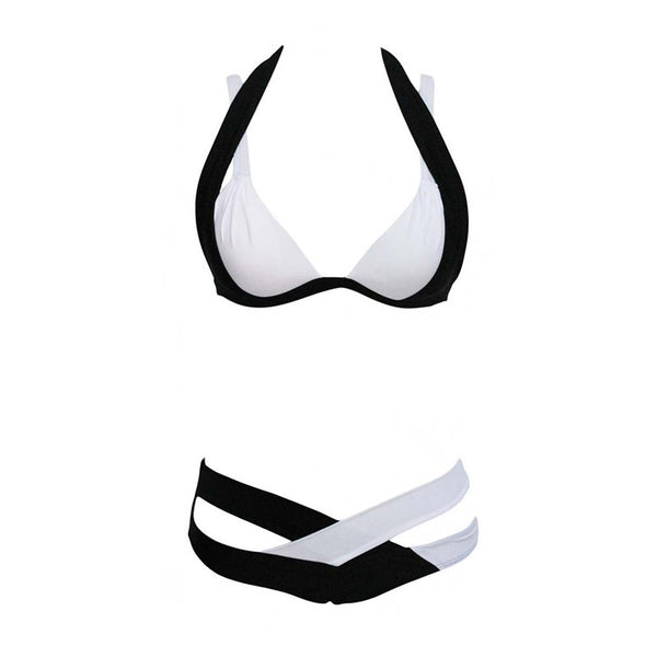 Fashion Hang Neck Lace-up Removable Shoulder Strap Black White Cross Design Ladies Bra Cups For Swimwear In Sexy Style