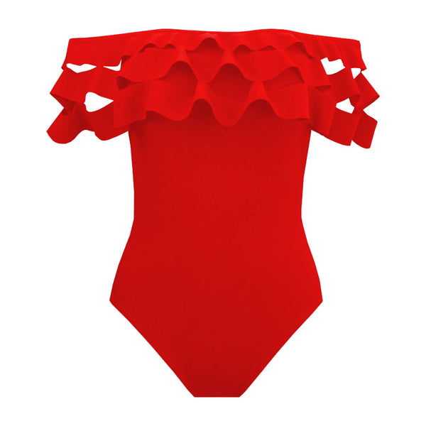 Modern Falbala Off Shoulder Solid Color Sport Tight One Piece Swimsuits Design Xxx Sex Hot Young Girl Swimwear