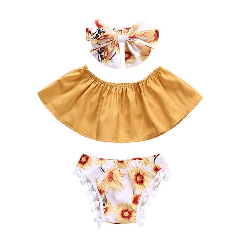 New Arrival 3Pcs Set Sunflower Baby Girl Shorts And Yellow Kids New Fashion Tops With Bowknot Headband