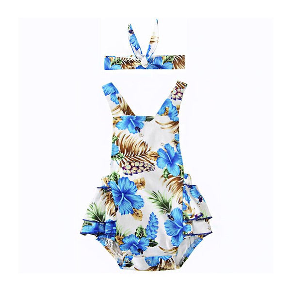 2Pcs Set Sleeveless Floral Printed And Flower Headband Backless Jumpsuit Fashion New Design Bodysuit For Baby
