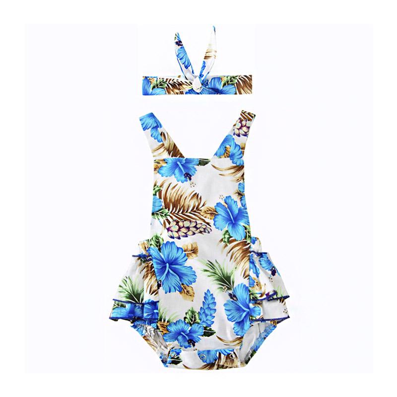 2Pcs Set Sleeveless Floral Printed And Flower Headband Backless Jumpsuit Fashion New Design Bodysuit For Baby
