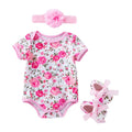 3Pcs Cute Newborn Baby  Floral Printed Shoes And Flower Headband Jumpsuit Fashion New Design Cotton Romper Set