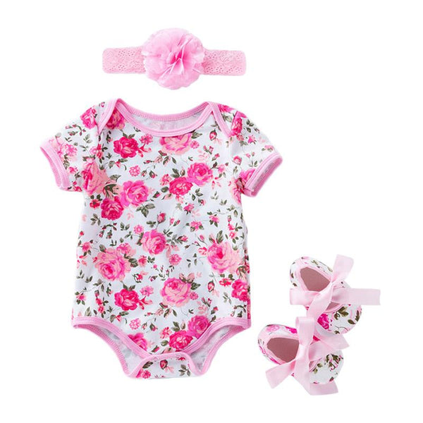 3Pcs Cute Newborn Baby  Floral Printed Shoes And Flower Headband Jumpsuit Fashion New Design Cotton Romper Set