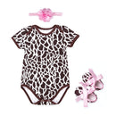 3Pcs Cute Newborn Baby Cow Printed Shoes And Flower Headband Bodysuit Baby Design Organic Cotton Romper Set