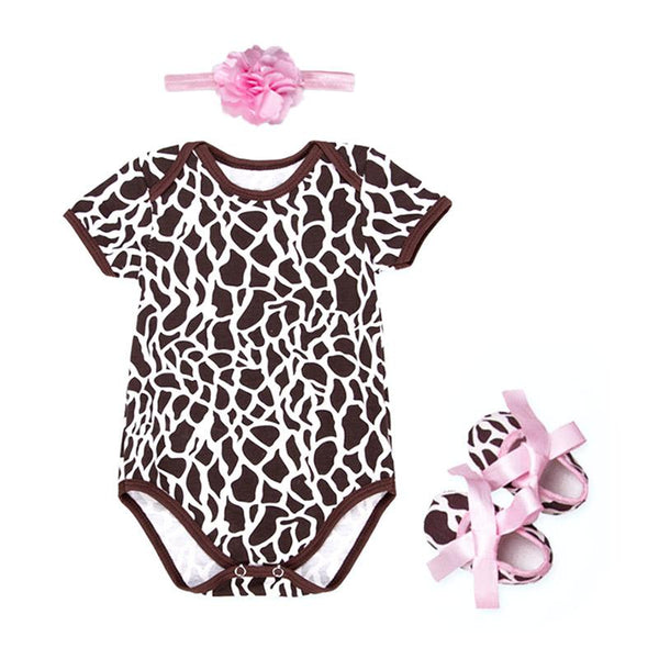 3Pcs Cute Newborn Baby Cow Printed Shoes And Flower Headband Bodysuit Baby Design Organic Cotton Romper Set