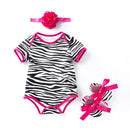 3Pcs Cute Newborn Baby Zebra Pattern Shoes And Flower Headband Stripe Organic Cotton Romper Set