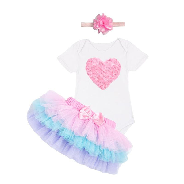 3Pcs Set Baby Girls Colorful Tutu Skirt Ruffle Lace Romper Design Cotton Mesh Bodysuit With Floral Headband