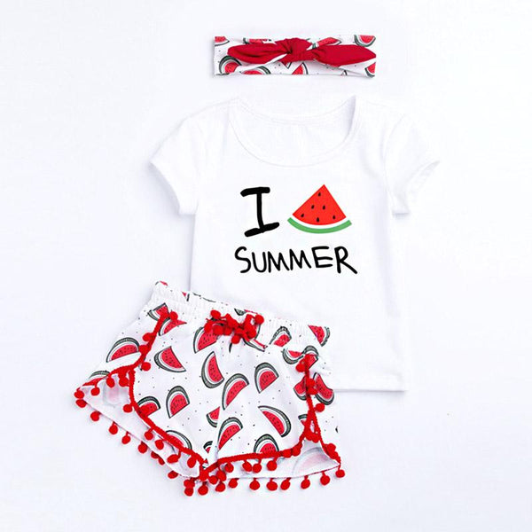 3Pcs Short Sleeves Letter And Watermelon Printed T-Shirts Short Baby Bodysuit Organic Cotton Romper Set With Bowknot Headband