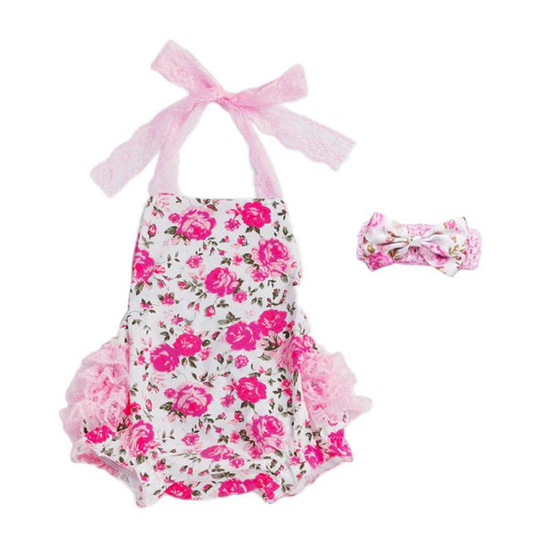 2Pcs Set Lovely Ruffle Lace Leopard Pattern Baby Girl Backless Jumpsuit Design Bodysuit For Baby With Headband
