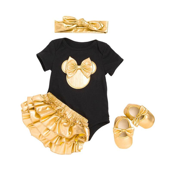 4Pcs Set Yellow Bloomers  Cute Shoes And Bowknot Headband Baby Bodysuit Organic Cotton Fashion Design Girl Bodysuit