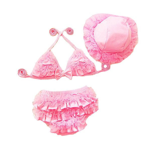 3Pcs Set Kids Divided Solid Color Cute Bikini Backless Swimsuit With Hat