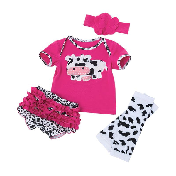 4Pcs Set Bowknot Headband Cow Printed Shorts Legging Pink Short Sleeve Lace Jumpsuit Set Cotton Girl Bodysuit