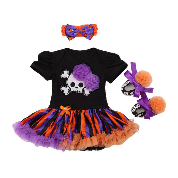 3Pcs Set Bowknot Headband Printed Shoes Black Short Sleeve Halloween Funny Pattern Baby Girl Lace Floral Jumpsuit