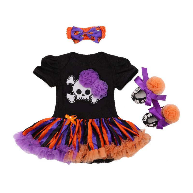 3Pcs Set Bowknot Headband Printed Shoes Black Short Sleeve Halloween Funny Pattern Baby Girl Lace Floral Jumpsuit