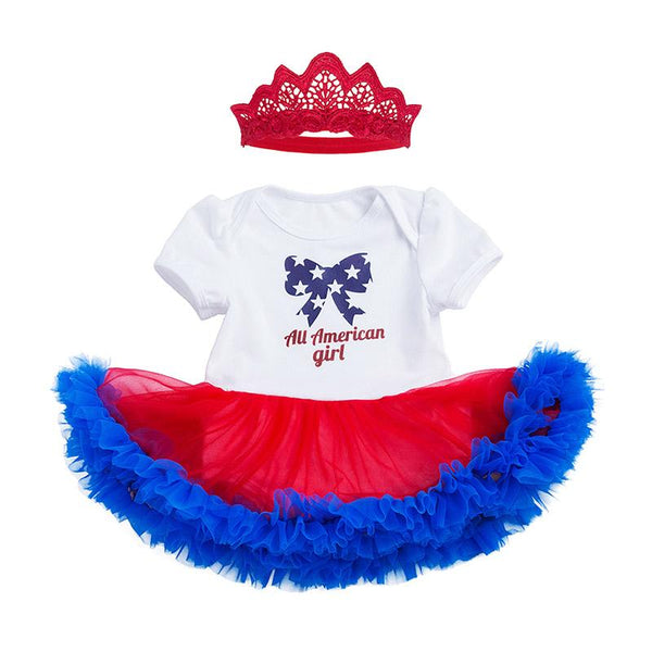 2Pcs Red Lace Crown Headband Short Sleeve Bowknot Star Printed Cute Organic Cotton Romper White Fashion Jumpsuit