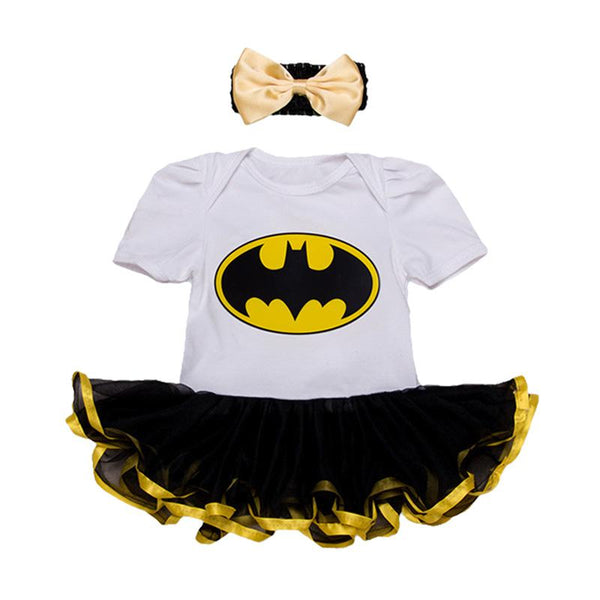 2Pcs Set Bowknot Headband White Black Short Sleeve Batman Printed Baby Romper Set Cotton Lace Jumpsuit