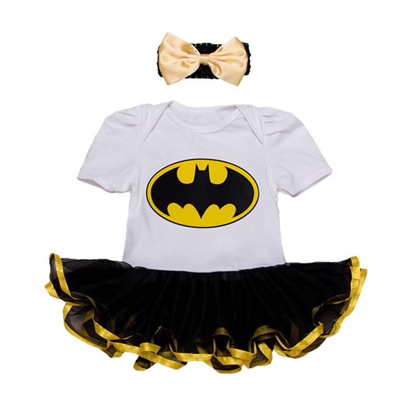 2Pcs Set Bowknot Headband White Black Short Sleeve Batman Printed Baby Romper Set Cotton Lace Jumpsuit
