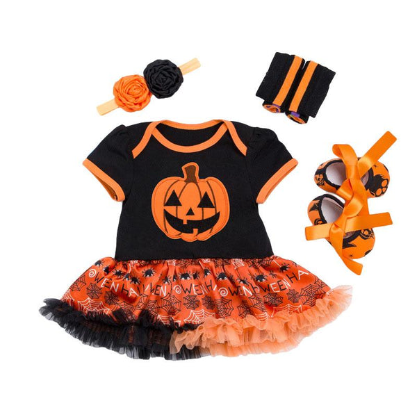 4Pcs Set Orange And Black Shoes Double Flower Headband Legging Funny Printed Baby Girl Lace Jumpsuit Organic Cotton Romper