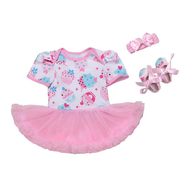 3Pcs Set \Cute Printed Shoes Pink Headband Short Sleeve Tutu Fashion Floral Jumpsuit Baby Girl Jumpsuit