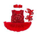 3Pcs Set Cute Bowknot Headband Lovely Shoes Sleeveless Solid Color Baby Girl Jumpsuit Cotton Sequin Bodysuit