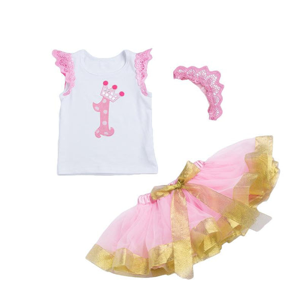3Pcs Set Pink Lace Crown Headband Pink And Yellow Tutu Skirts Sleeveless Printed Girls Ruffle Mesh Bodysuit