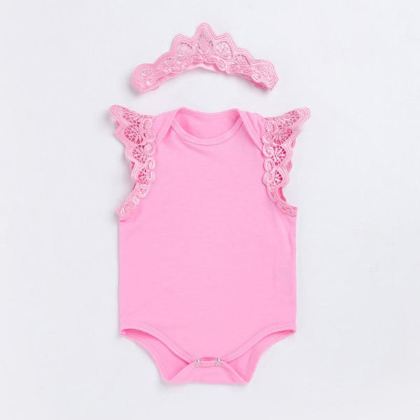 2Pcs Set Crown Headband Lace Sleeveless Solid Color Baby Bodysuit Organic Cotton Bodycon Lace Bodysuit