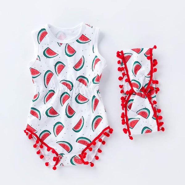 2Pcs Set Printed Headband Sleeveless Different Pattern Fashion New Design Organic Cotton Romper Short Jumpsuit