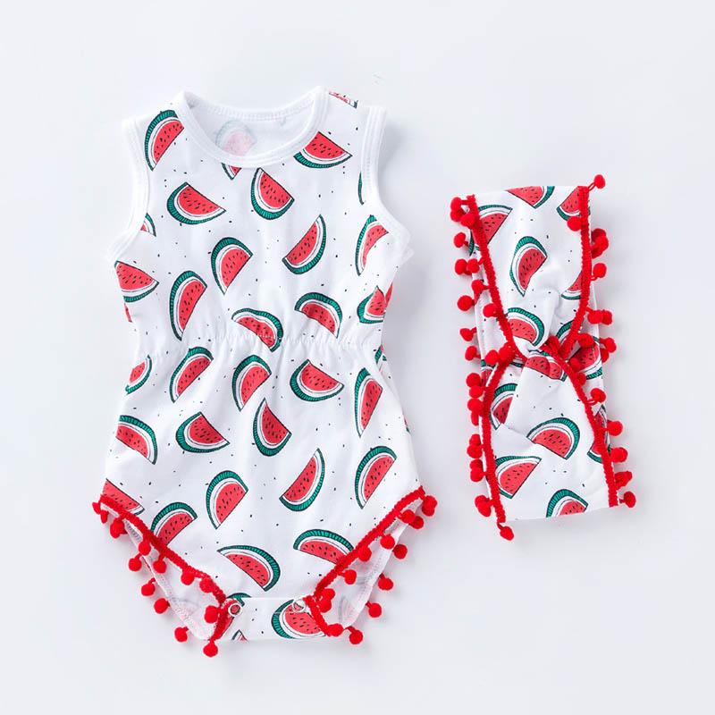 2Pcs Set Printed Headband Sleeveless Different Pattern Fashion New Design Organic Cotton Romper Short Jumpsuit