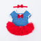 2Pcs Set Red Bowknot Headband Short Sleeves Cute Stripe Baby Girl Jumpsuit Ruffle Design Organic Cotton Romper