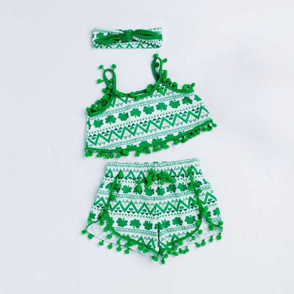 3Pcs Set Printed Bowknot Headband Cute Shorts Sling Beach Birthday Party Organic Cotton Romper Short Fashion Jumpsuit