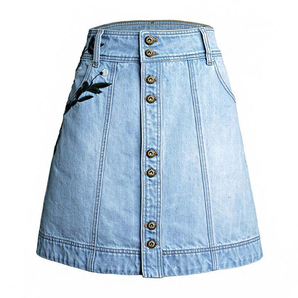 Simple Classic Buttons Flower Leaf Embroidered Short Slim Women's Denim High Waisted Girls Skirt