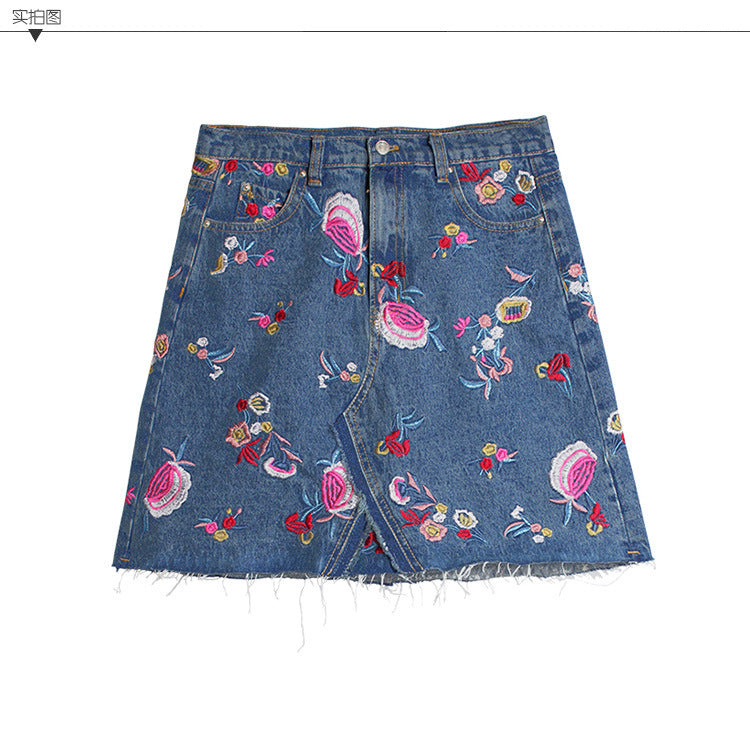 Fashion Casual Flowers Denim High Waisted A-line Ladies Embroidered Skirts For Women